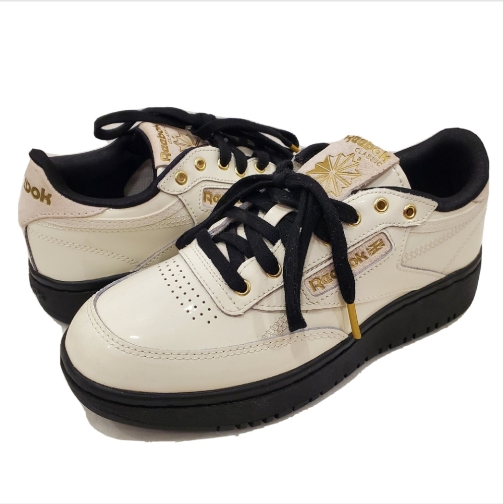 Reebok Women's Cream and Black Platform Sneakers with Gold Accents